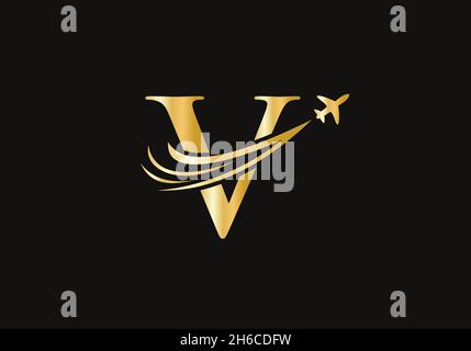 Creative Air Travel Logo Design con lettera V. Logo V letter Concept Air Plane e Travel. Illustrazione Vettoriale