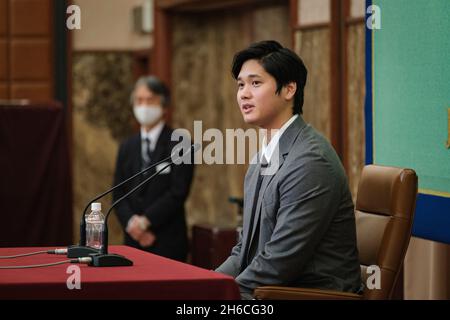 Tokyo, Giappone. 15 Nov 2021. Giappone Los Angeles il giocatore di Angeli Shohei Ohtani partecipa a una conferenza stampa al Japan National Press Club il 15 novembre 2021 a Tokyo, Giappone. Credit: SOPA Images Limited/Alamy Live News Foto Stock