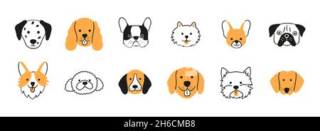 Facce di razze diverse cani set. Corgi, Beagle, Spitz Chihuahua, Terrier, Retriever, Spaniel, Poodle. Collezione di teste di cane di doodle. Disegnato a mano Illustrazione Vettoriale
