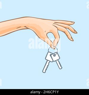 Mano femmina con chiavi. Nuova casa o auto. Disegno grafico vettoriale pop art Illustrazione Vettoriale