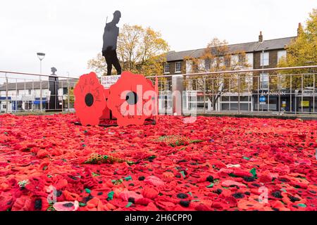 Migliaia di papaveri rossi accovacciati in mostra il giorno dell'armistizio e la domenica del ricordo a Gravesend Kent Inghilterra UK Foto Stock