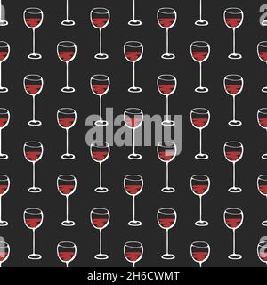 Modello senza cuciture con un paio di allegre bicchiere di vino isolato su sfondo nero scuro. Illustrazione dello schizzo vettoriale. Illustrazione Vettoriale