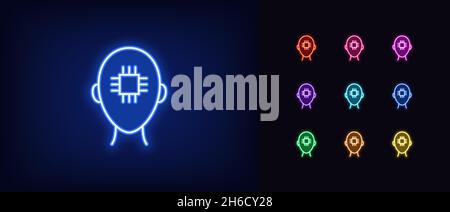 Icona di chipping del cervello al neon del contorno. Testa umana al neon incandescente con chip, segno di intelligenza artificiale. Chip personale, biohacking cerebrale, mente digitale e io Illustrazione Vettoriale