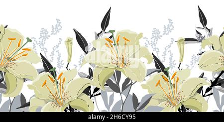 Motivo floreale vettoriale senza cuciture, bordo. Bellissimo design con gigli. Illustrazione Vettoriale