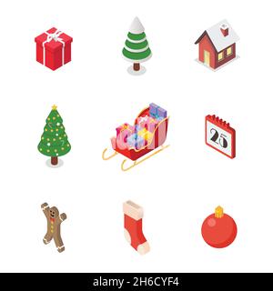 Collezione icone isometriche di natale. Illustrazione vettoriale Illustrazione Vettoriale