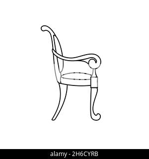 Accogliente sedia classica in legno icona. Profilo retro poltrona isolato su sfondo bianco. Supporto per segnaletica di linea, lavoro a casa, comfort, interni. Una bella vintage A. Illustrazione Vettoriale