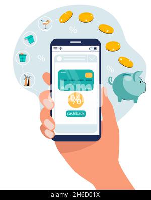 Investimenti aziendali, risparmio di denaro e gestione, concetto di design del commercio finanziario. Mano con smartphone, grafico di profitto crescente, banca di maialino, monete d'oro. Illustrazione Vettoriale