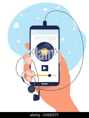 Smartphone a portata di mano con lettore musicale e cuffie. Concetto di app per la musica. Illustrazione piatta vettoriale. Illustrazione Vettoriale