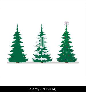Set di illustrazioni vettoriali realistiche di albero di Natale verde isolato su sfondo bianco. Illustrazione vettoriale piatta. Illustrazione Vettoriale