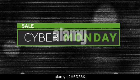 Immagine di vendita cyber lunedi testo su banner nero e verde su sfondo nero stressato Foto Stock