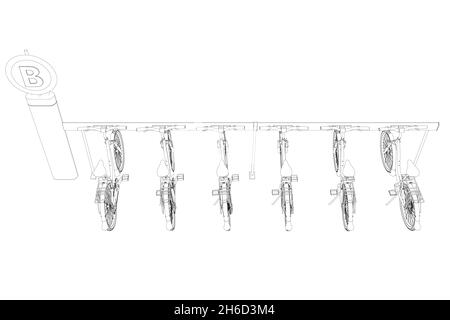 Parcheggio per biciclette da linee nere isolate su sfondo bianco. Sei biciclette illustrazione vettoriale Illustrazione Vettoriale