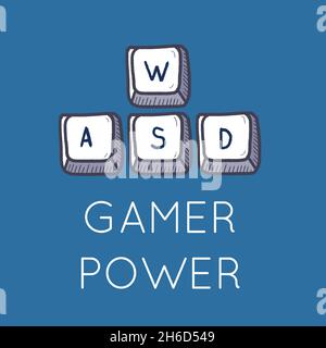 Design della t-shirt per videogiochi - tasti WASD utilizzati nei videogiochi per PC. Potenza del giocatore. Illustrazione Vettoriale