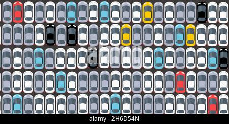 Nuove auto parcheggiate in file pulite. Distribuzione della concessionaria di fabbrica e parcheggio logistico. Illustrazione Vettoriale