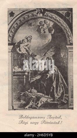 vintage monocromatico Santa scheda Madonna Santa Maria Santa Maria con il bambino Gesù con putti Santo Stefano Re d'Ungheria sta offrendo il paese a lei. ' Boldogasszony Anyánk, Régi nagy Patrónánk! ' 1900s vecchio maestro. Capolavoro . Autorizzazioni-diritti-aggiuntivi-non disponibili Foto Stock