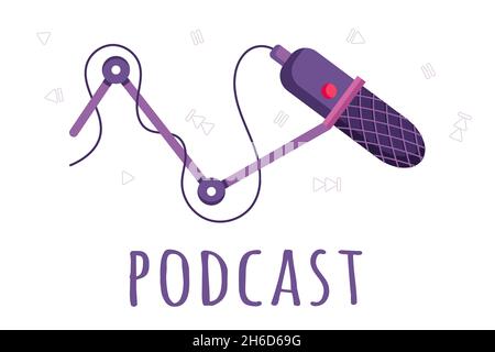 Icona podcast e audio in stile piatto, isolata su sfondo bianco. Microfono, registrazione, raccolta di icone delle onde musicali. Illustrazione Vettoriale