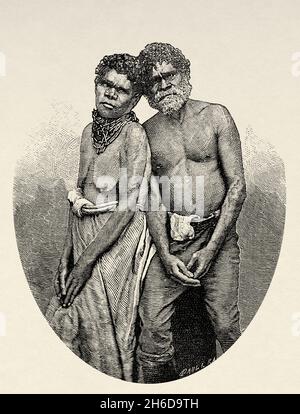 Townsville nativo australiano indiano uomo e donna. Queensland, Australia. Illustrazione del vecchio 19 ° secolo inciso, viaggio verso l'Australia nord-orientale di Carl Lumholtz 1880-1884 da le Tour du Monde 1889 Foto Stock