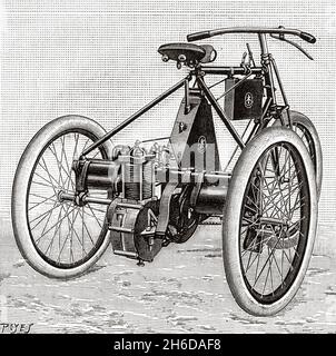 Il triciclo è dotato di un motore a benzina. Triciclo Dion e Bouton. Antica illustrazione del 19 ° secolo inciso da la Nature 1897 Foto Stock