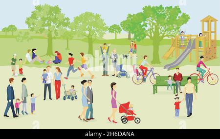 Famiglie e persone a piacere nel parco, llustration Illustrazione Vettoriale