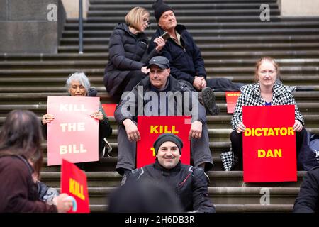 Melbourne, Australia. 15 Nov 2021. I manifestanti sono visti con cartelli durante la protesta di Occupy Parliament sulle scale del Parlamento. I manifestanti hanno promesso di occupare i gradini del parlamento mentre la legislazione pandemica di Dan Andrew è in discussione nella casa superiore. Credit: Dave Hewison/Speed Media/Alamy Live News Foto Stock