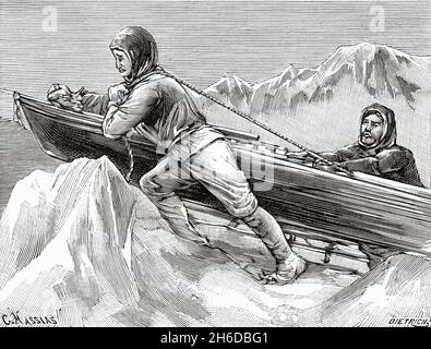 Lo svernamento di Nansen e Johansen nella terra di Franz Joseph I. Nansen e Johansen tirando il kayak. Antica illustrazione del 19 ° secolo inciso da la Nature 1897 Foto Stock