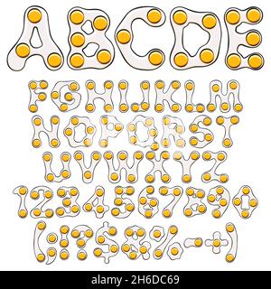 Alfabeto, lettere, numeri e simboli di uova, uova strapazzate, uova fritte. Set di oggetti isolati vettoriali a colori su sfondo bianco. Illustrazione Vettoriale