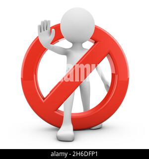 Uomo senza volto con stop rosso su sfondo bianco. rendering 3d. Foto Stock