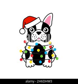 Bulldog francese in Santa Hat aggrovigliato luci di Natale Illustrazione Vettoriale