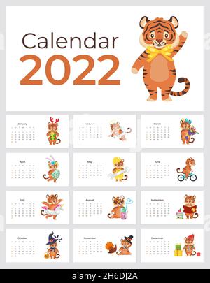 Modello di calendario vettoriale cartoon 2022 con simpatica tigre Illustrazione Vettoriale