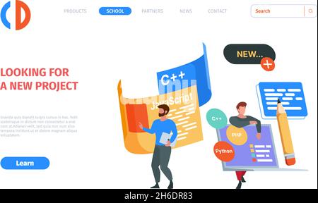 Pagina di destinazione dei programmatori. Modello di pagina web aziendale con designer e codificatori laptop di lavoro codice e script di scrittura garish vettore immagine con posto Illustrazione Vettoriale