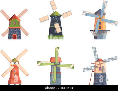 Mulini a vento. Flat Rural Buildings Water Towers netherlands mulini a vento Garish vettore case cartoon collezione isolato Illustrazione Vettoriale