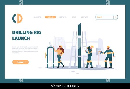 Atterraggio dell'industria petrolifera. I tecnici professionisti del gasdotto industriale controllano il modello di pagina web dei lavoratori meccanici del servizio di assistenza per le imprese vettoriali Illustrazione Vettoriale