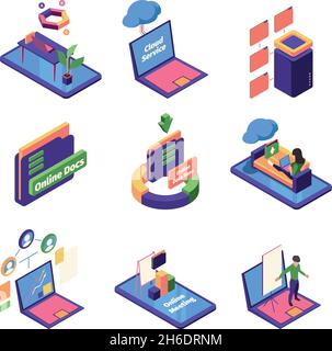 Cartelle digitali remote. Data center business Office monitoraggio a distanza condivisione di servizi web Garish vettore isometrico colorato raccolta Illustrazione Vettoriale