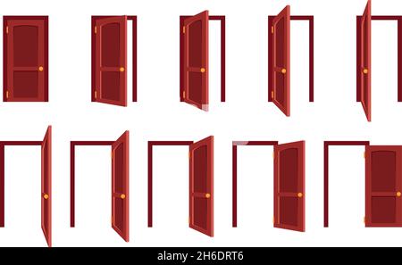 Animazione della porta. Porte per ufficio aperte e chiuse telai in legno e acciaio home sequence set Garish Vector templates set Illustrazione Vettoriale