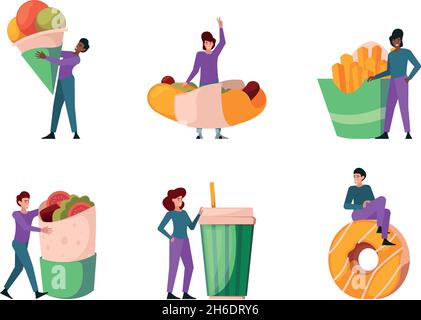 Fast food persone. Personaggi con prodotti spazzatura piccole persone e grandi cibo pizza ciambelle hamburger bevande fredde Garish vettore illustrazioni piatte Illustrazione Vettoriale