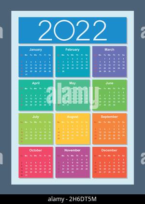 Calendario colorato per 2022 anni. La settimana inizia la domenica. Verticale. Illustrazione vettoriale isolata. Illustrazione Vettoriale