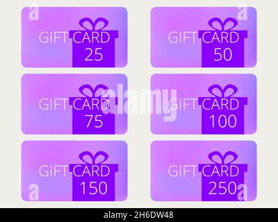 Set di carte regalo con confezione regalo. Modello di design per carte regalo e sconto, prodotti di marketing. Carte in tagli: 25, 50, 75, 100, 150, 250. Ve Illustrazione Vettoriale