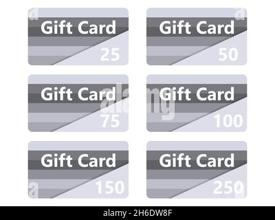Set di carte regalo con disegno a righe. Modello per carta regalo e sconto, prodotti di marketing. Carte in tagli: 25, 50, 75, 100, 150, 250. VEC Illustrazione Vettoriale