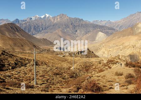 Vista del villaggio di Jharkot. Distretto di Mustang, Nepal Foto Stock