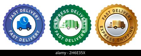adesivo con badge e logo per furgoni a consegna rapida espresso in oro verde blu Illustrazione Vettoriale