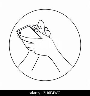 Una donna o un uomo che tiene in mano uno smartphone, gesti touch, stile disegno a mano o simpl. Vector bianco e nero Illustrazione Vettoriale