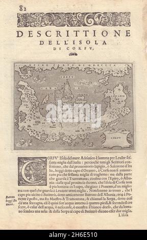 Descritione dell' Isola di Corfù. PORCACCHI. Grecia ionica 1590 vecchia mappa Foto Stock