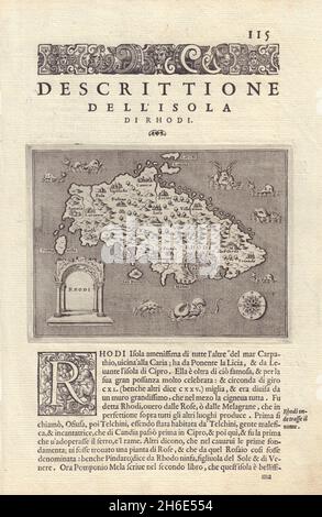 Descrizione dell' Isola di Rhodi. PORCACCHI. Rhodes Dodecaneso 1590 vecchia mappa Foto Stock