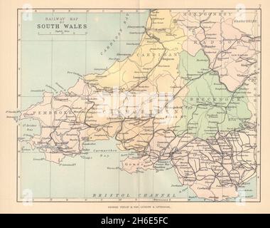 WALES Railway Map of South Wales BARTHOLOMEW 1885 cartografia antica Foto Stock