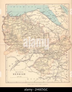 DENBIGHSHIRE 'la Contea di Denbigh' Wrexham Rhyl Wales BARTHOLOMEW 1885 mappa Foto Stock