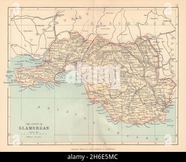 GLAMOURGANSHIRE Cardiff Swansea Neath Port Talbot Wales BARTHOLOMEW 1885 mappa Foto Stock