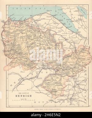 DENBIGHSHIRE 'la Contea di Denbigh' Wrexham Rhyl Wales BARTHOLOMEW 1890 mappa Foto Stock