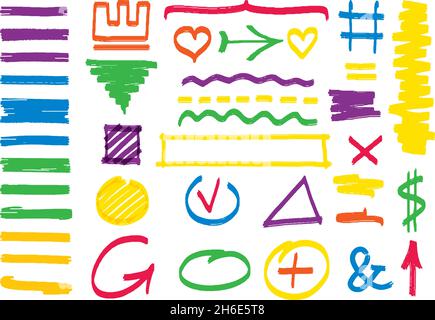 Elementi di marcatura disegnati a mano. Linee evidenziatore, segni di barbatella della scuola. Segni di elenco di controllo, segno di spunta destro errato. Pennello colorato tratti decente vettore Illustrazione Vettoriale