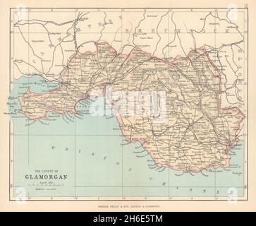 GLAMOURGANSHIRE Cardiff Swansea Neath Port Talbot Wales BARTHOLOMEW 1890 mappa Foto Stock