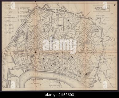 ANTWERP ANVERS Antwerpen antica città pianta mappa della città. Belgio. BRADSHAW 1893 Foto Stock