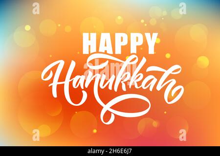 Illustrazione vettoriale della tipografia scritta per la festa ebraica di Hanukkah. Icona, badge, poster, firma banner Happy Hanukkah. Modello per hanukkah Illustrazione Vettoriale